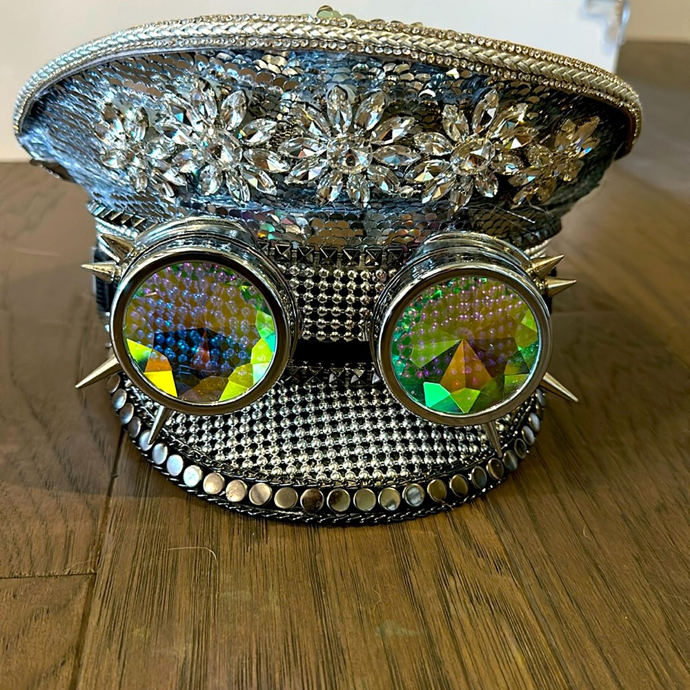 Sequin and rhinestone burning man steampunk hat and goggles!